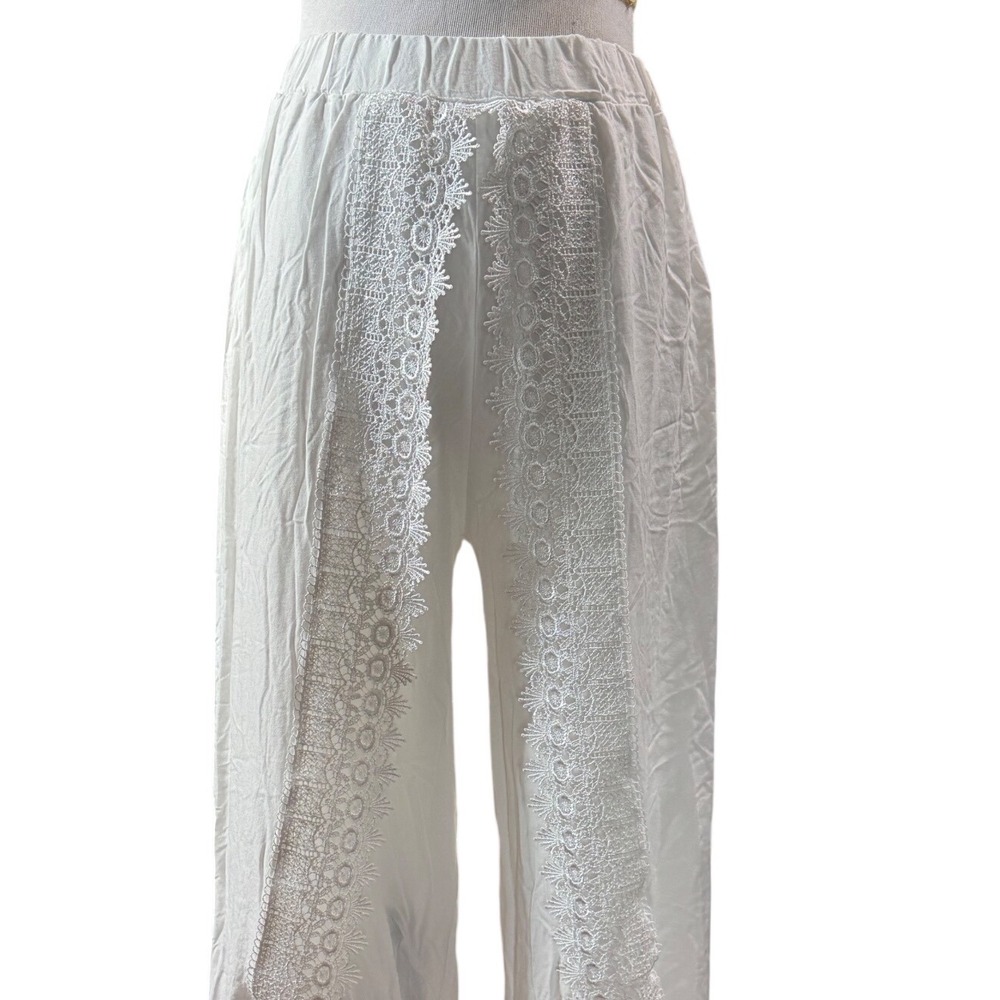 Mr. Buho Wide Leg Pants Women Small White Crochet Lace Trim Boho Festival Beach